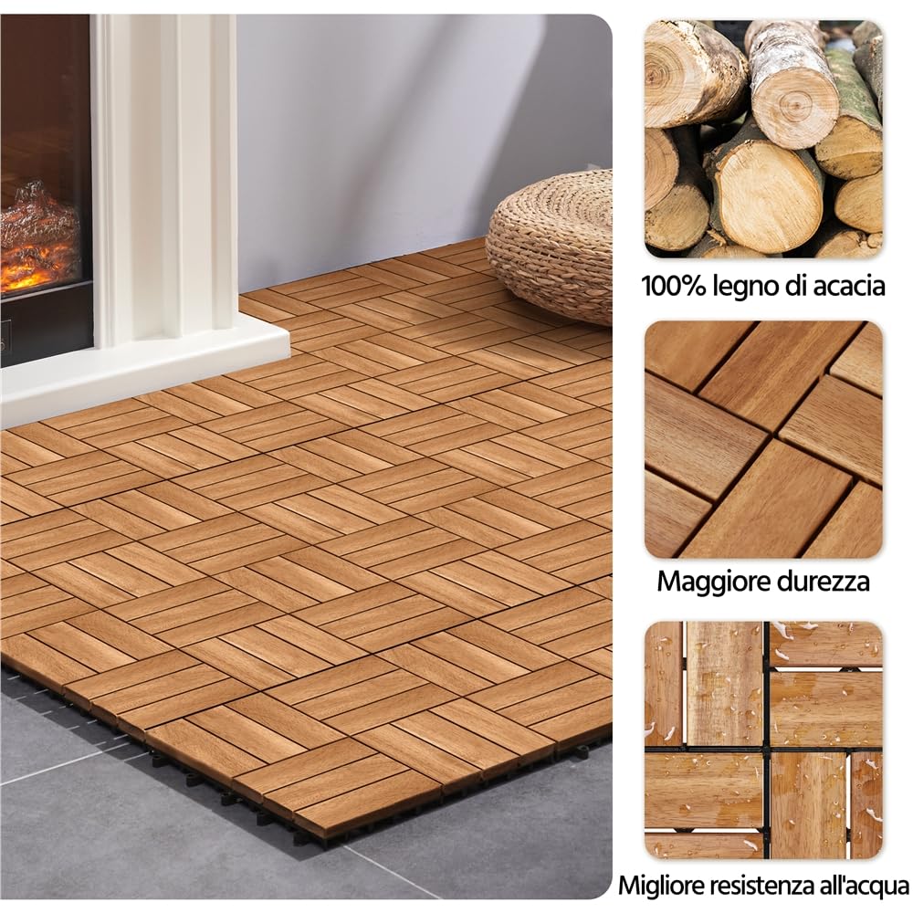 Yaheetech Piastrelle da Giardino in Legno di Acacia 30 x 30 cm Pavimento Impermeabile Resistenti alle Intemperie per Esterni Balconi Giardino Terrazzo 10 pcs