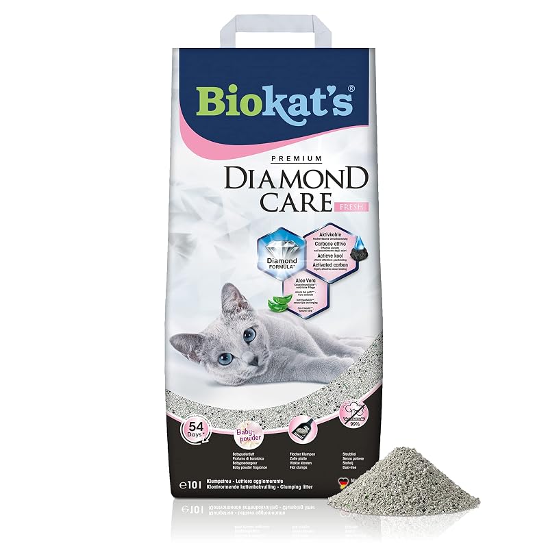 Areia aglomerante fina para gatos com carvão ativado e aloe vera Biokat's Diamond Care Fresh, aroma Baby Powder, 10 L