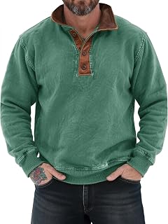 Vintage Washed Sweatshirt for Men Retro Quarter Button Long Sleeve Stand Collar Workout Sport Tops