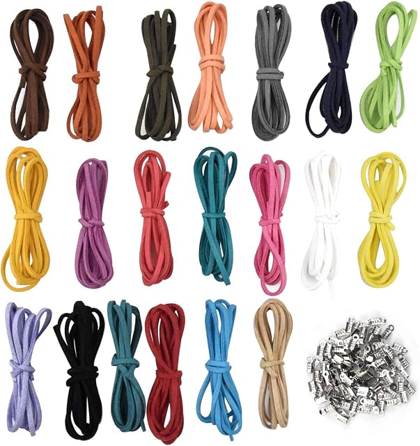 20pcs Leather String for Jewellery, 1m x 3mm Leather Coloured Cord String, Flat Suede Cord Strip with 100pcs Silver Cord Ends for Crafts,Making Bracelets Necklace Keychain Beading (20 Colors)