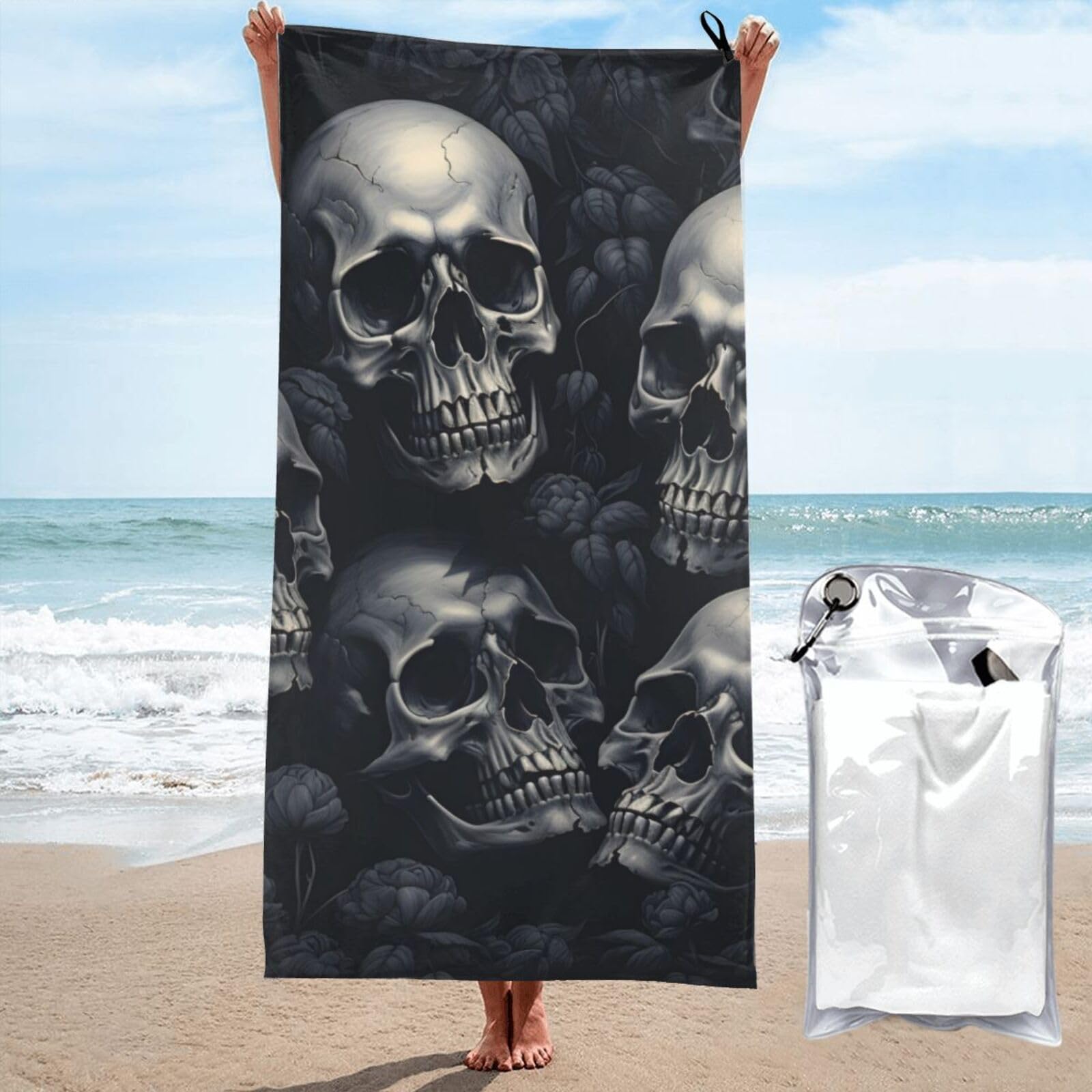 Mexpekil Skull Head Large Beach Towels for Adults Sand Free Microfibre Beach Towel Quick Dry Bath Towel Lightweight Travel Towel with Bag for Gym Camping Swim Yoga 80x160cm