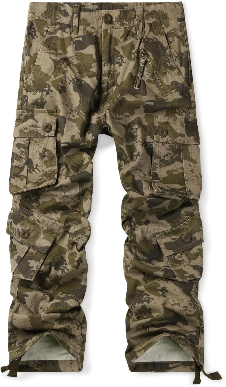OCHENTA Men's Cotton Casual Cargo Work Pants Baggy Camo Tactical Combat Trousers with 8 Pockets (No Belt)