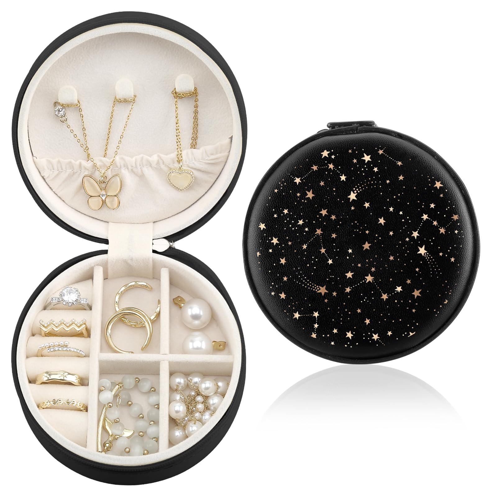 Boîte à bijoux en cuir motif étoiles dorées pour ranger bagues et colliers d'une femme