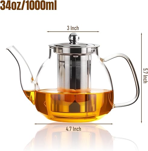 Miniatura 2 de PARACITY Tetera de vidrio para estufa 34 OZ, tetera de borosilicato transparente con infusor extraíble de acero inoxidable 18/8, tetera para té