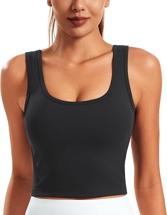 Smooth Womens Workout Tank Tops U Neck Longline Sports Bra Padded Yoga Crop Tank Top with Built in Bra