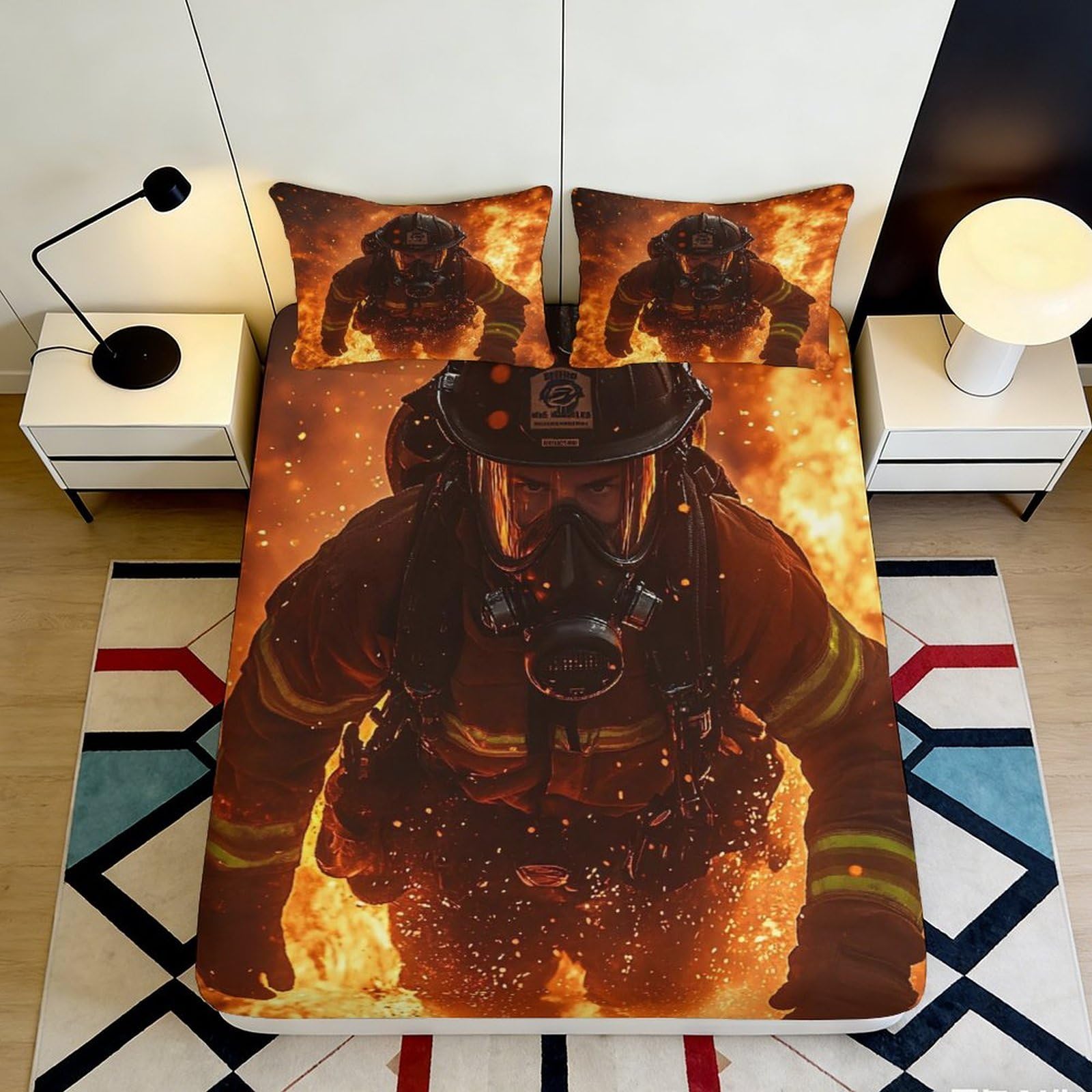 3D Printed Firefighter Flames Fitted Sheet Microfiber Slip Resistant Bed Cover for Bedroom Dorm Decor 90x200x25cm