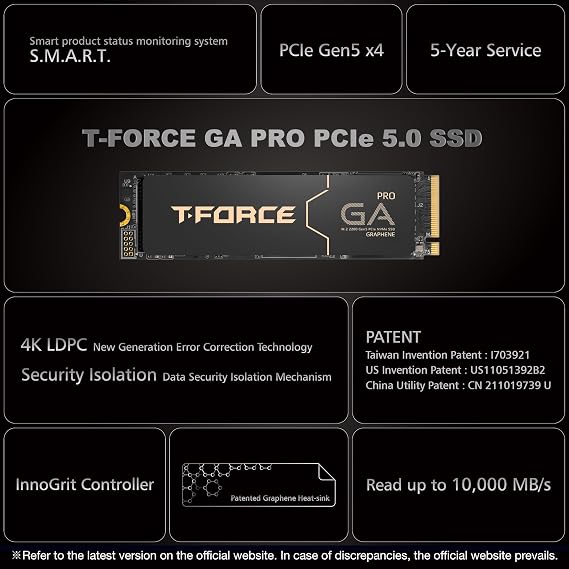 TEAMGROUP T-Force GA PRO 1TB SSD Graphene Heatsink DRAM SLC Cache 3D TLC NAND NVMe InnoGrit PCIe Gen5x4 M.2 Read/Write 10,000/8,500 MB/s TM8FFJ001T0C129
