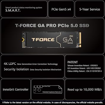 TEAMGROUP T-Force GA PRO 1TB SSD Graphene Heatsink DRAM SLC Cache 3D TLC NAND NVMe InnoGrit PCIe Gen5x4 M.2 Read/Write 10,000/8,500 MB/s TM8FFJ001T0C129