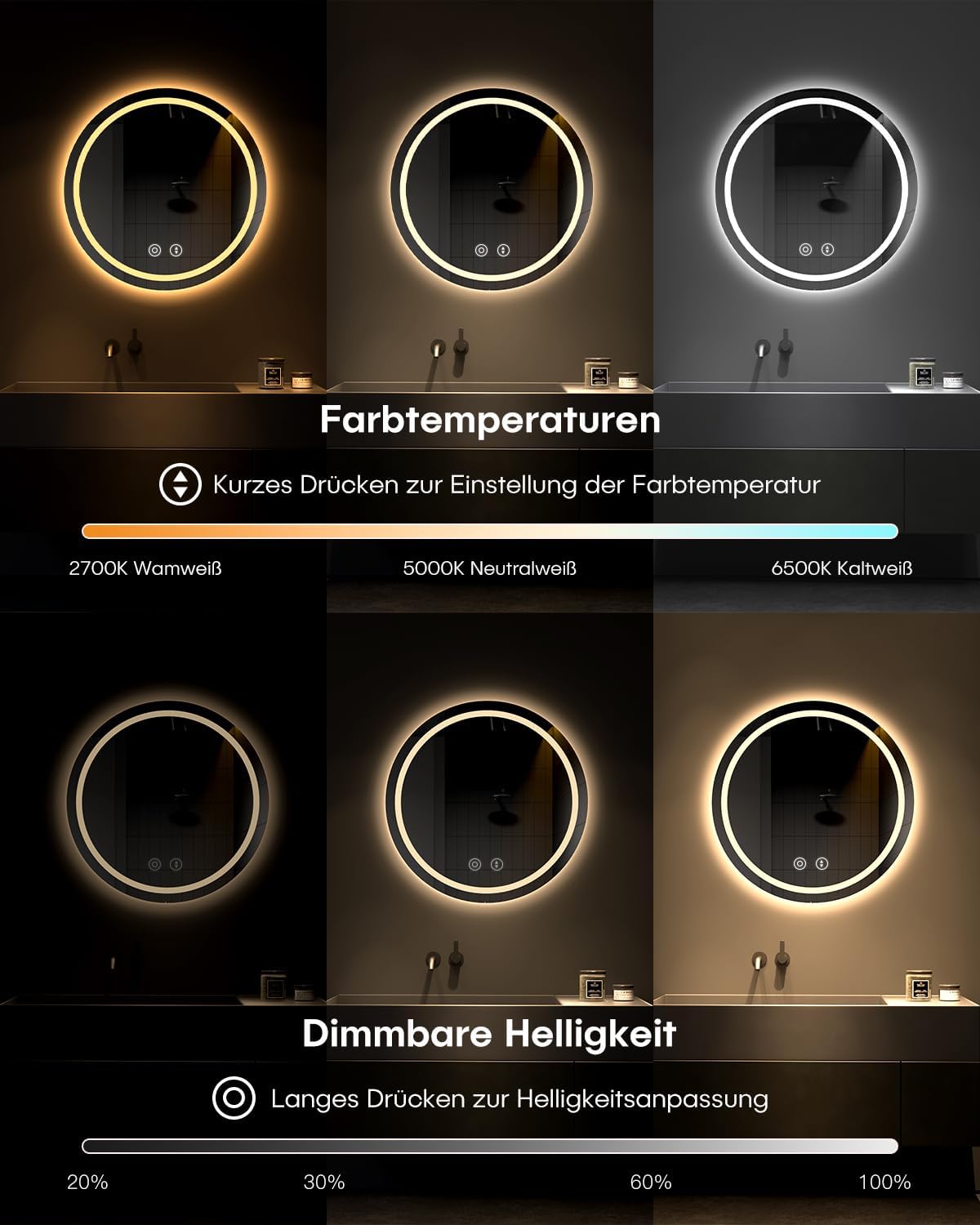 Dripex LED mirror showcasing three color temperatures: warm, neutral, and cool white, with dimmable brightness levels.