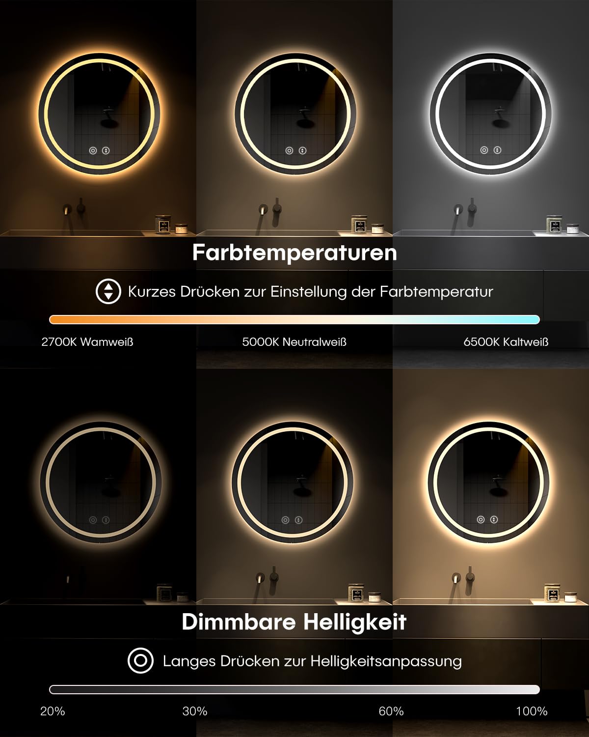 Dripex Badspiegel Rund mit Beleuchtung Led Spiegel mit Touch-Schalter, Dimmbar, 3 Lichtfarbe Einstellbare Runder Badezimmerspiegel mit Beleuchtung, Beschlagfrei 60x60 cm