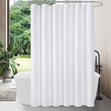 MitoVilla White Fabric Shower Curtain Liner - Heavy, Simple Shower Curtain or Liner for Modern Neutral Hotel Bathroom Decor, Waterproof Cloth & Machine Washable, 12 Plastic Hooks, 72" W x 72" H