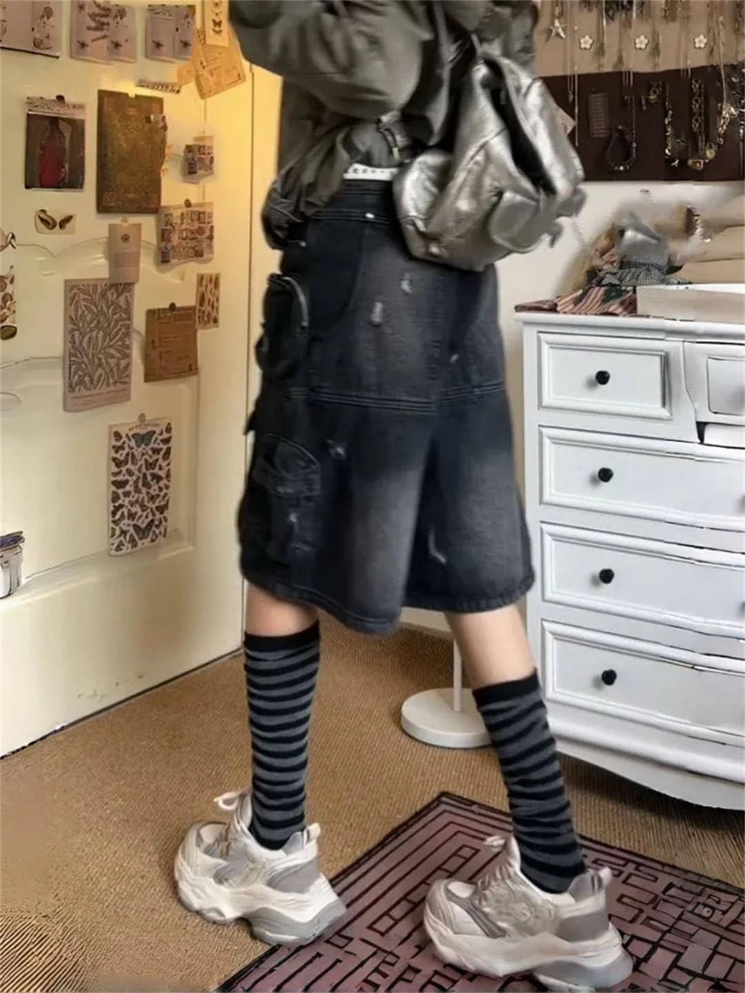 Damskie dżinsy Harajuku w stylu vintage, luźne, sprane, kieszenie, punkowe, workowate, dżinsowe szorty, Czarny, M