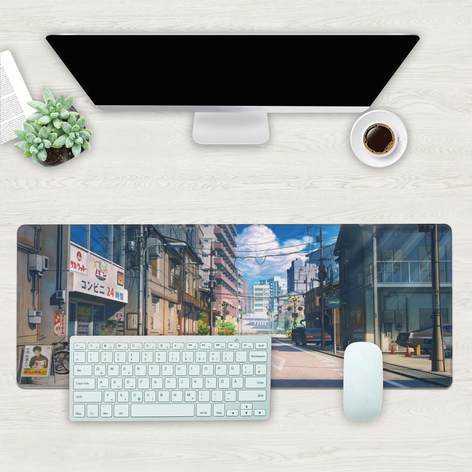 Desk Mat, Anime Summer Street Scenery Extended Gaming Mouse Pad Large, 31.5"x11.8" Big Mouse Pad with Non-Slip Base and Stitched Edge, Long Computer Keyboard Mouse Mat for Home Office Work image 2
