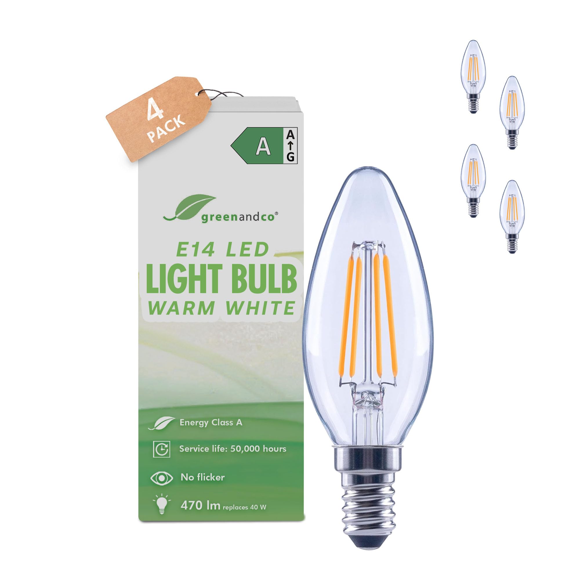 greenandco 4 x LED Filament Light Bulb | Clear | E14 C35 | 2.2W 470lm | Replaces 40W | 2700K Warm White | 320° | 230V | Flicker Free | Energy Class A | Non-dimmable