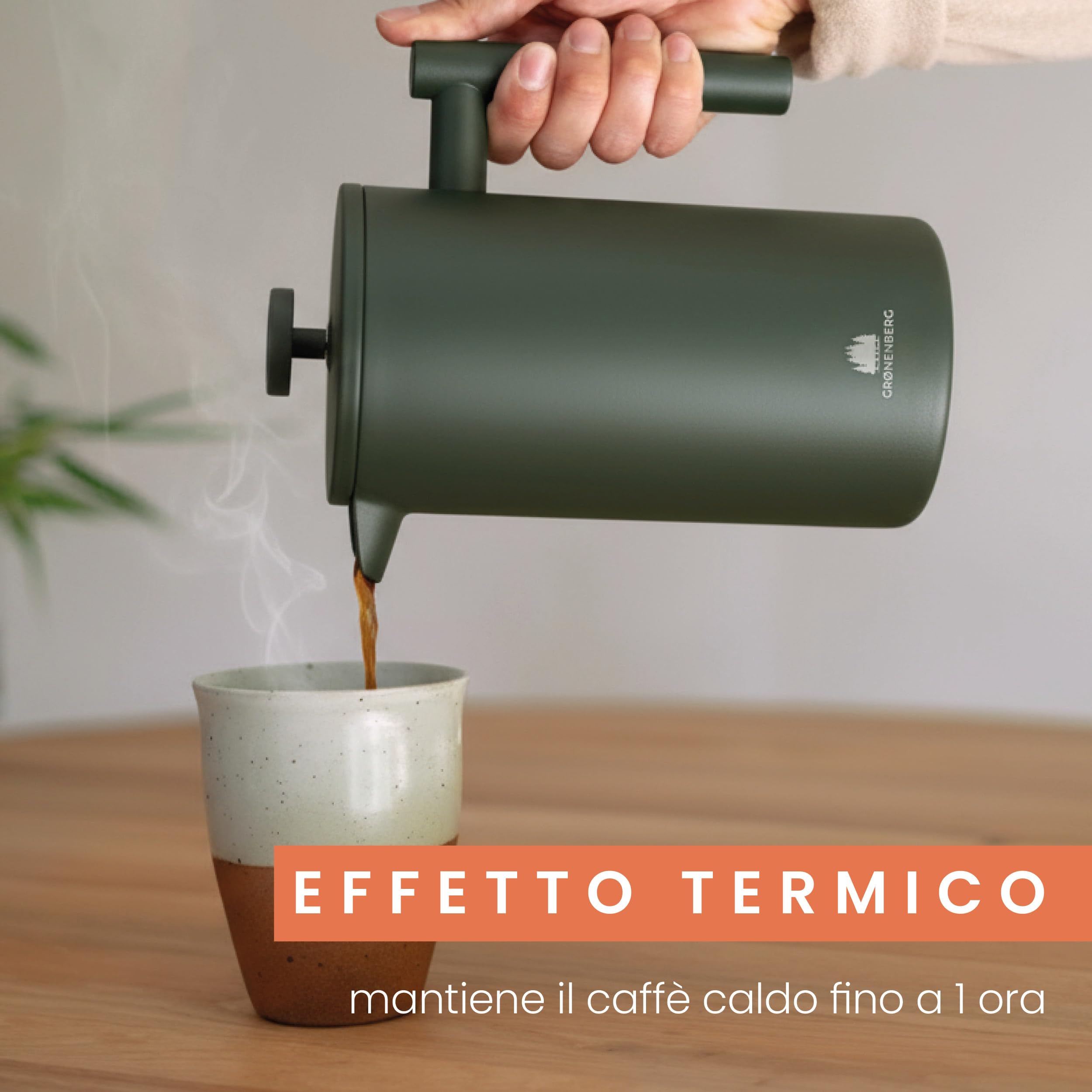 Groenenberg French Press Forest 600ml (3 Tazze) l Caffettiera francese in acciaio inox l Caffettiera pistone con filtri di ricambio e funzione termica