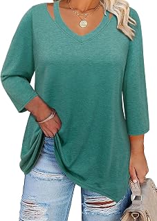 Amrto Plus Size Shirts for Women 3/4 Length Sleeve Tops Cotton Loose Fit Dressy Cut Out V Neck Tunic with Leggings(XL-5XL)