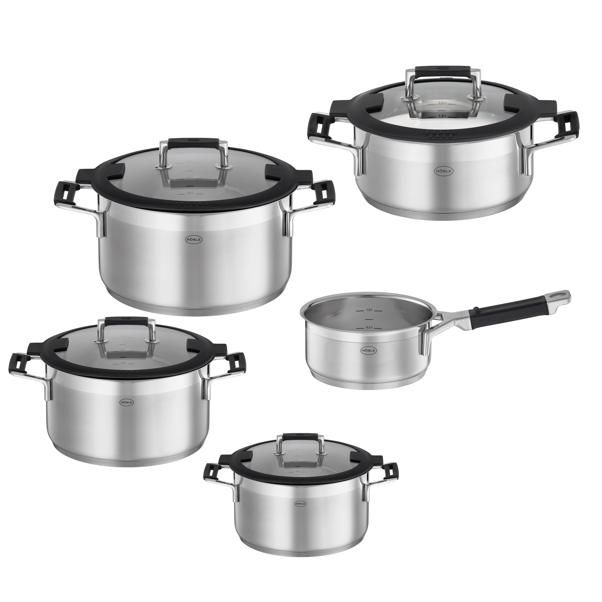 RÖSLE SILENCE PRO Set de 5 casseroles universel avec 3 casseroles, 1 poêle à frire et 1 casserole à manche, acier inoxydable 18/​10, couvercle en verre, graduation intérieure, adapté à l'induction