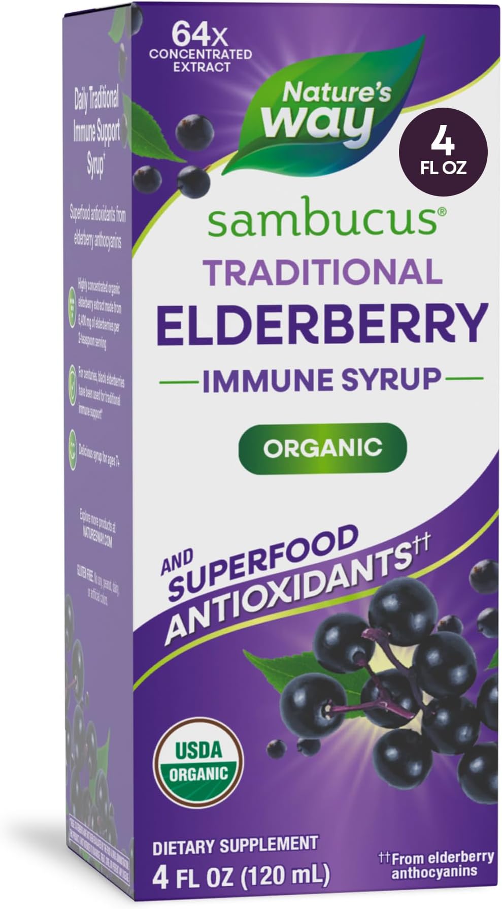 Nature's Way Sambucus Organic Traditional Elderberry Syrup for Traditional Immune Support*, with Highly Concentrated Organic Black Elderberry Extract & Superfood Antioxidants, Berry Flavored, 4 Fl Oz