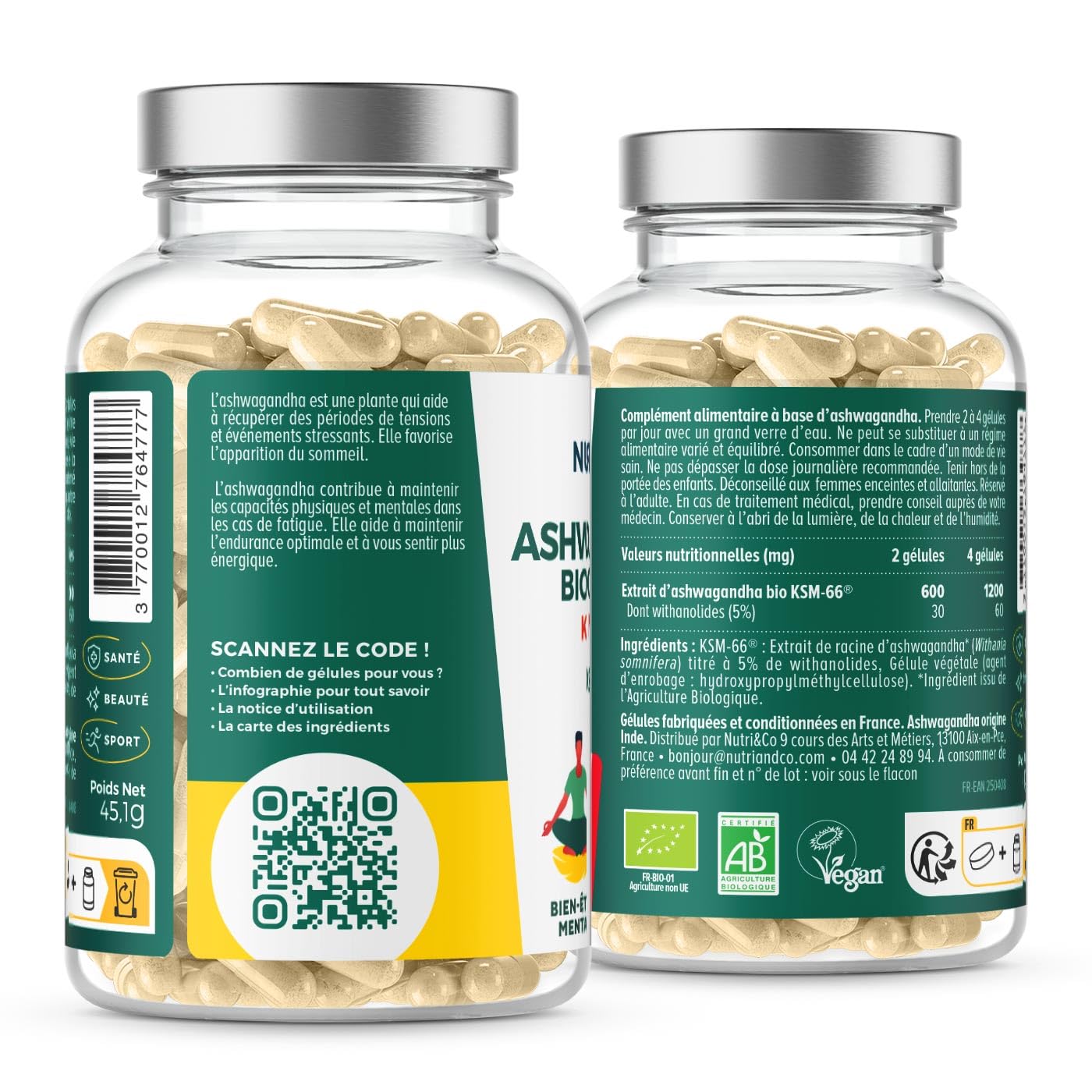 NUTRI & CO Ashwagandha BIO KSM-66® Breveté - Extra Fort 1200mg 5% Withanolides - 120 gélules Vegan - Extrait 100% Pur - Fabriqué en France