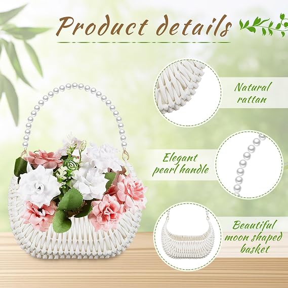 Taiyin 2 Pcs Flower Girl Basket Pearl Handle 7x5x4'' Wicker,White