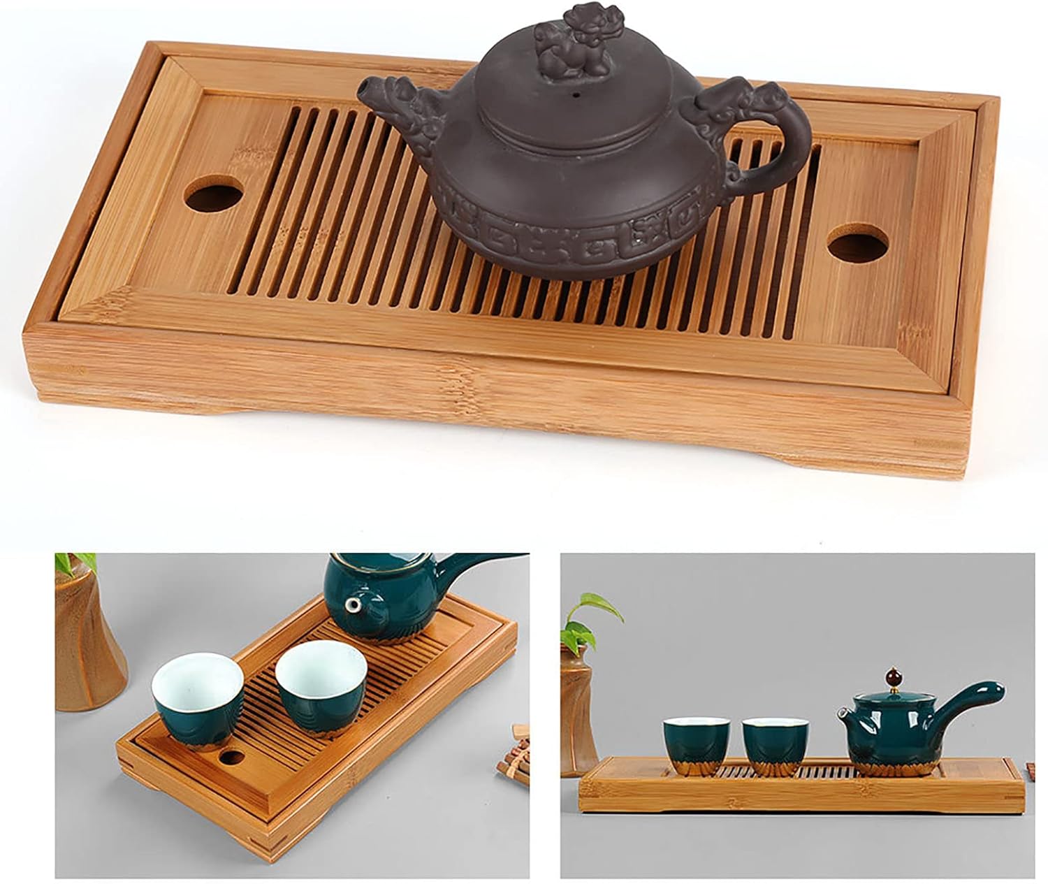 Bamboo Tea Tray Table Box with Water Storage, Chinese Gongfu Tea Table, 10.63 * 5.51 * 1.18", Mini Tea Serving Tray Drainage for Tea House Home Office