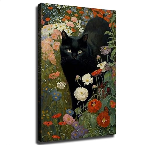Miniatura 1 de Arte retro, póster de flores de gato en jardín, lienzo impreso, pintura de arte de pared, obra de arte HD para decoración del hogar (16 x 24