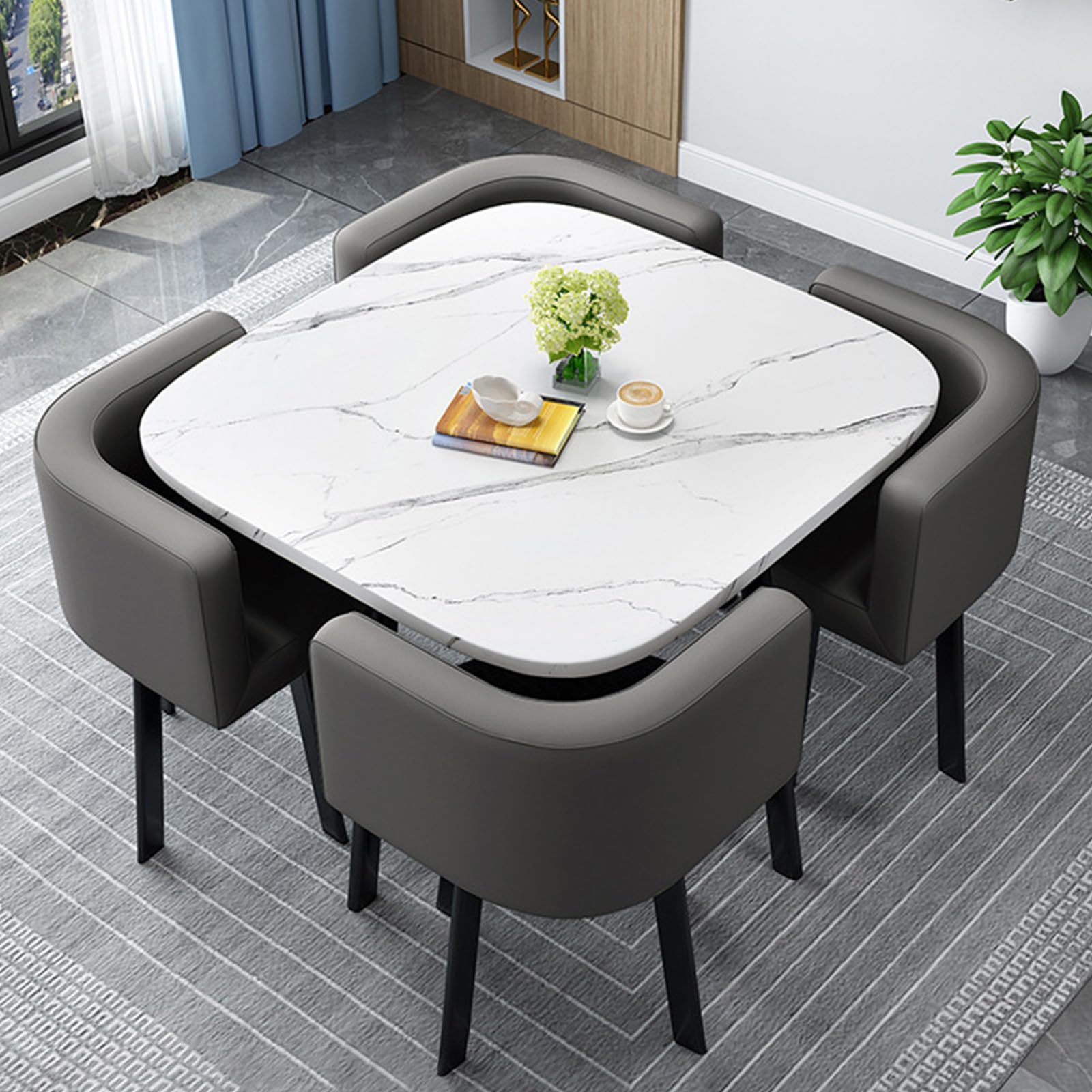OLSKFUH Compact Square/Round Dining Table Set With 4 Chairs - Modern Space-Saving Dining Room Furniture For Small Spaces Balconies Living Rooms And Kitchens 80Cm/31.5In,Leatherc-80cm/31.5in