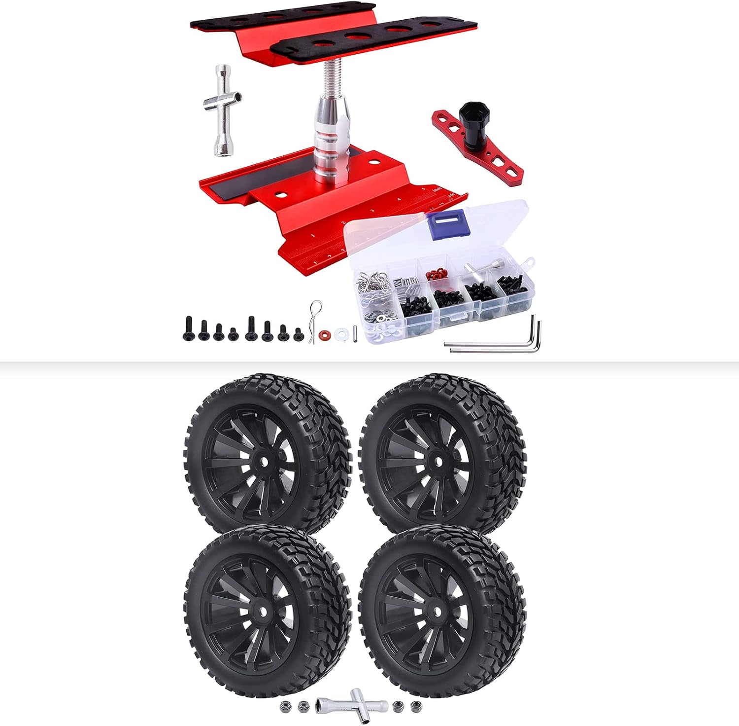 1/10 RC Touring Car Wheels and Tires 12mm Hex & RC Car Work Stand w/Screws Kit 17mm Hex Wrench for Traxxas 4Tec 2.0 Latrax Teton Redcat EPX