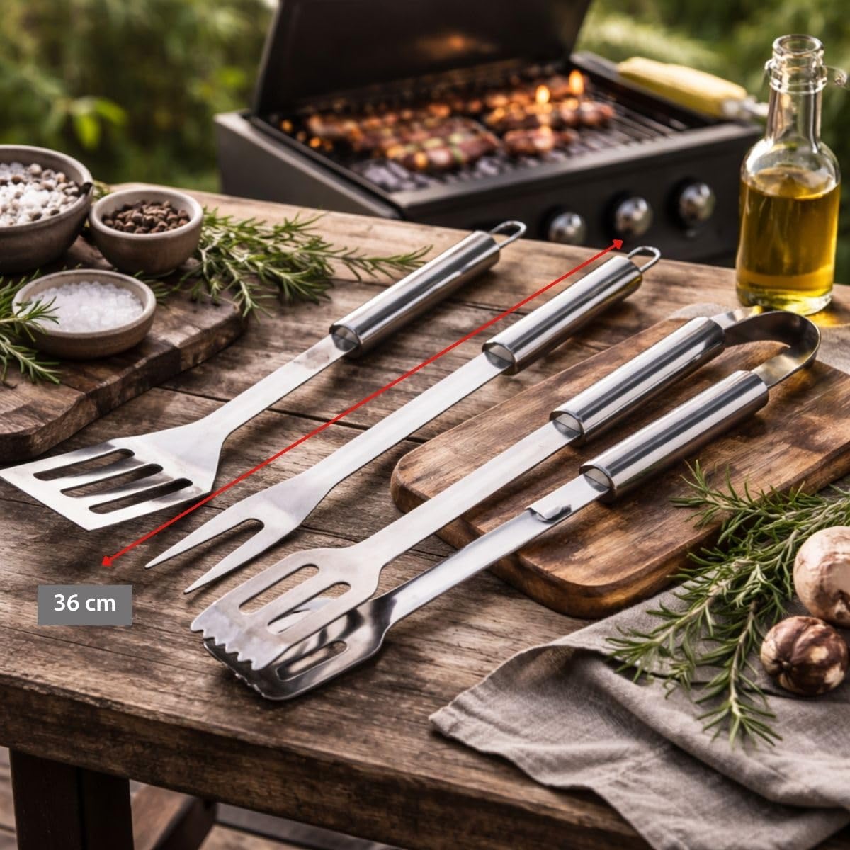 Alpina Kit Barbecue Ustensiles 3 Pièces - Pince et Spatule Acier Inoxydable - Fourchette à Viande Argent