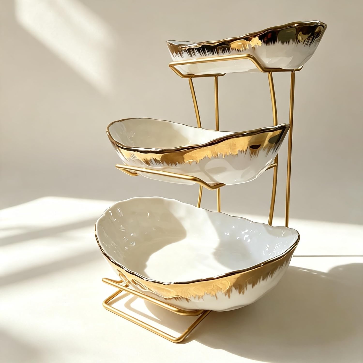 3 Tier Fruit Bowl for Kitchen Counter,Ceramic Fruit Basket with Metal Stand