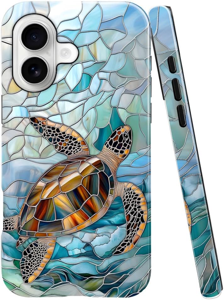 DAIZAG Case Compatible with iPhone 17,Glossy Durable Shock Protection Cover for Girl Women,Stained Glass Turtle Ocean