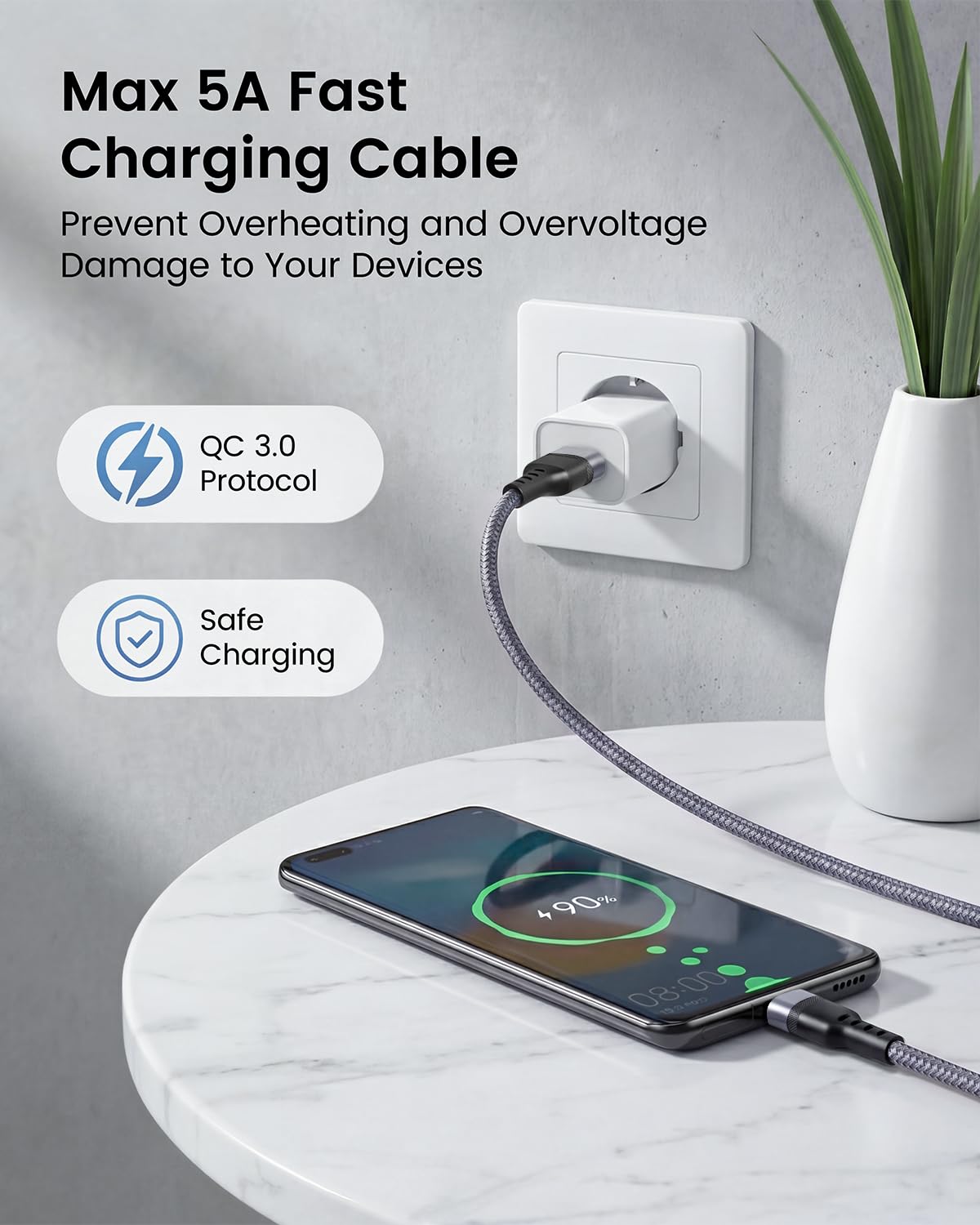 Cavo USB C da 7,6 m, cavo di ricarica extra lungo da USB a USB C, cavo di ricarica 5A tipo C, in nylon intrecciato, per iPhone 17, 16, 15, serie Samsung Galaxy, Moto, LG, Pixel e altri dispositivi USB