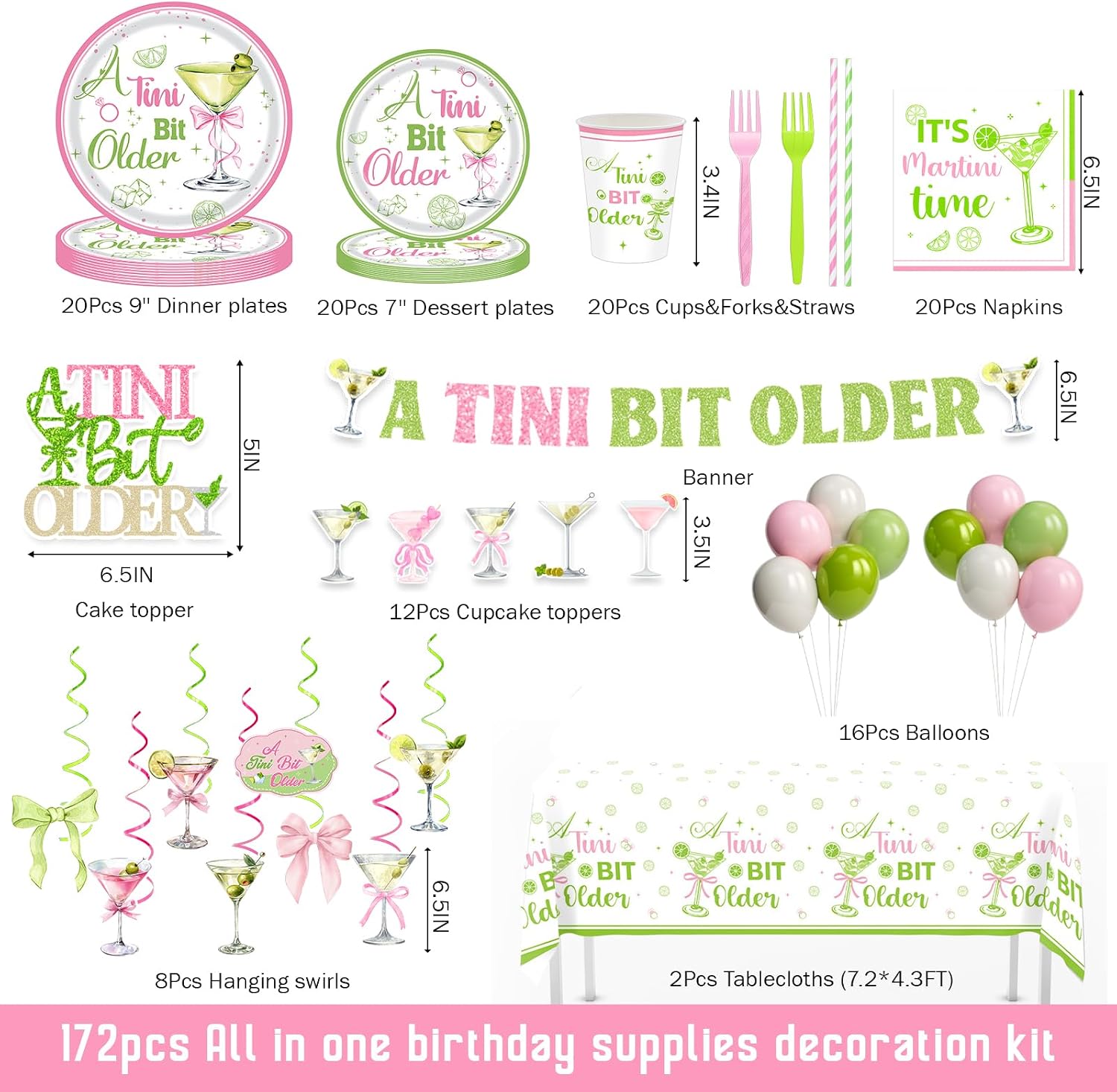 Costova A Tini Bit Older Birthday Party Supplies, 172 PCs Green Pink Glitter Tiny Bit Older Banner Olive Balloons Cake Topper for Girls Women Martini Birthday Bachelorette Party Decorations