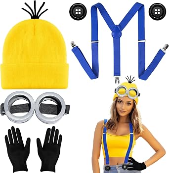 MOVINPE Halloween Costume Accessories, Yellow Beanie Hats Steampunk Goggles Glasses Elastic Suspenders Gloves Buttons Halloween Cosplay Party Set