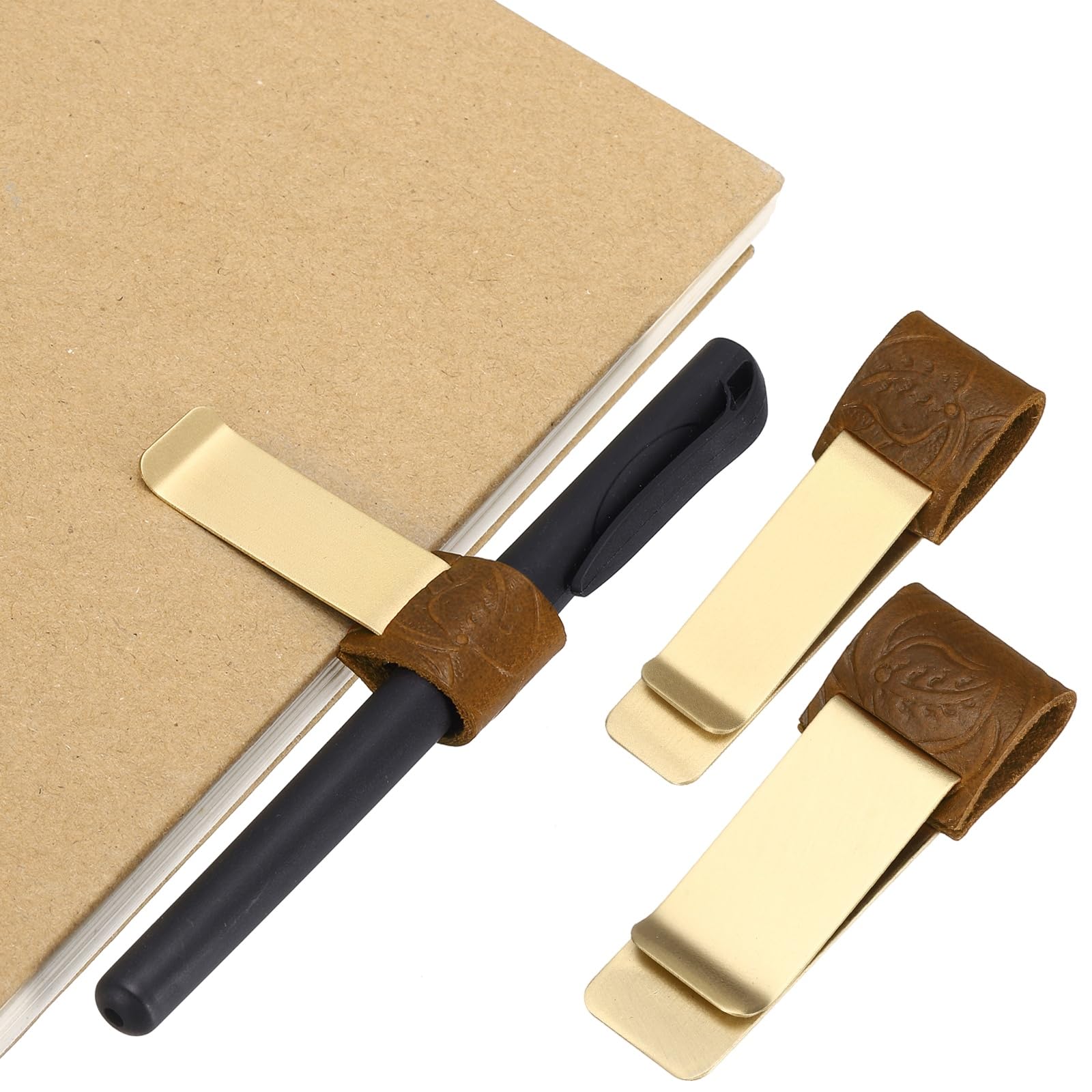 PATIKIL 2Pcs Pen Loop for Notebook, Brass Carved Retro Leather Pencil Holder Pen Clip for Notebook Clipboards Pocket Office Traveler Journals Planner, Camel/Brass