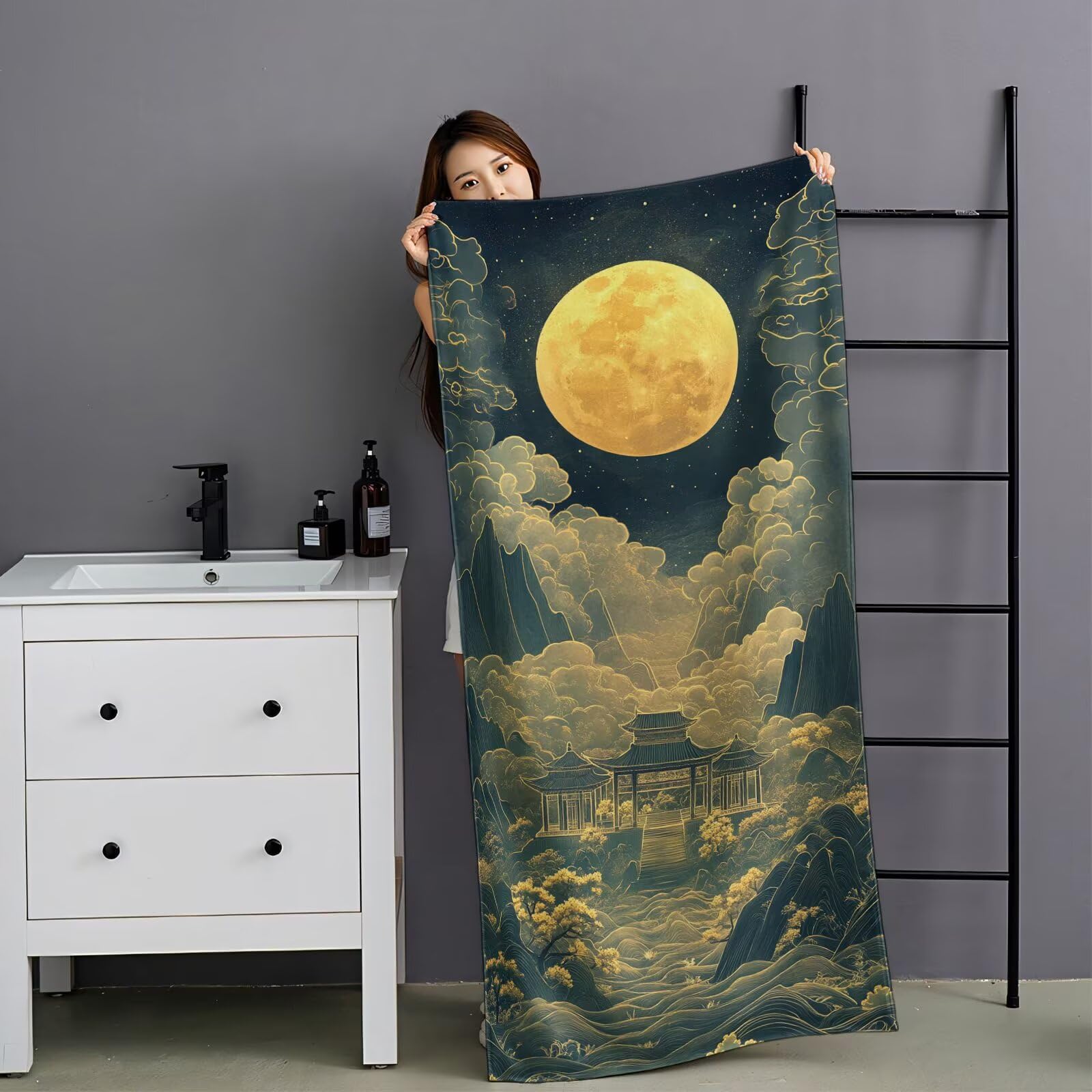 Toalla Playa XXL 100x220cm Luna，Toalla Microfibra 2 Pack Paisaje Secado Rápido y Antiarena，Absorbente，Ligera Fina y Compacta，Aplicable a Playa，Baño，Piscina，Gimnasio，Viajes，Sauna YJ-948