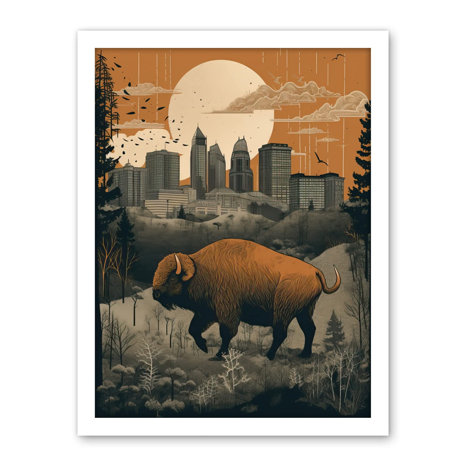 Artery8 Bison in Forest by Urban Cityscape Modern Landscape Artwork Framed Wall Art Print 18X24 Inch