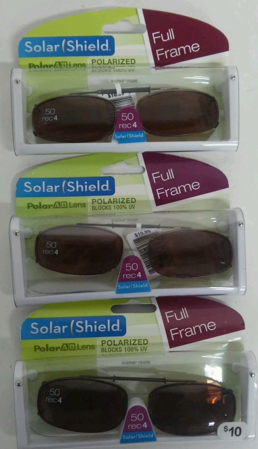 3 Solar Shield Clip-on Polarized Sunglasses Size 50 Rec 4 Brown Full Frame New