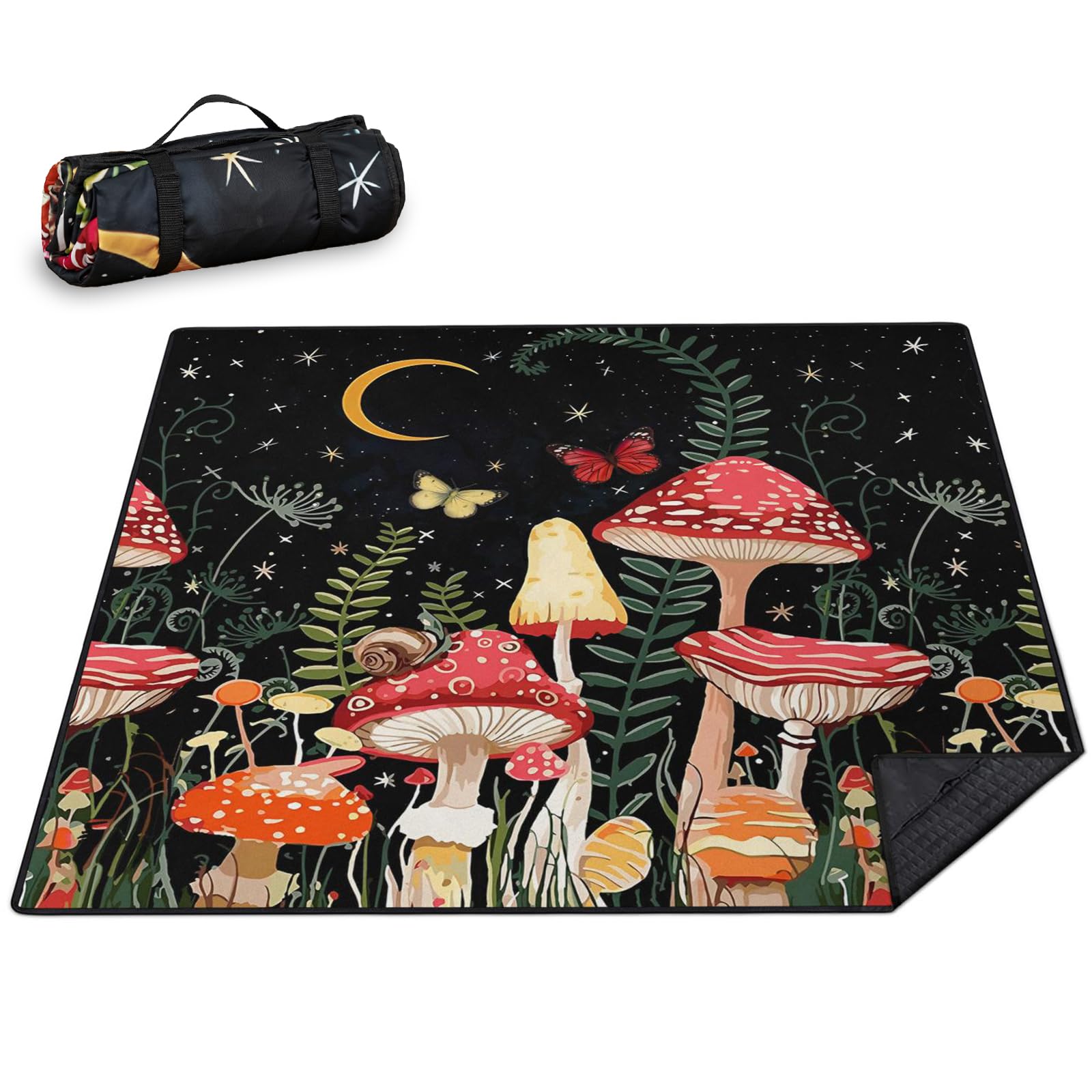 Mushroom Picnic Blankets Waterproof Foldable Picnic Outdoor Blanket 80"x 80" Picnic Mat 3-Layer Thicking Outdoor Foldable Blankets Sandproof