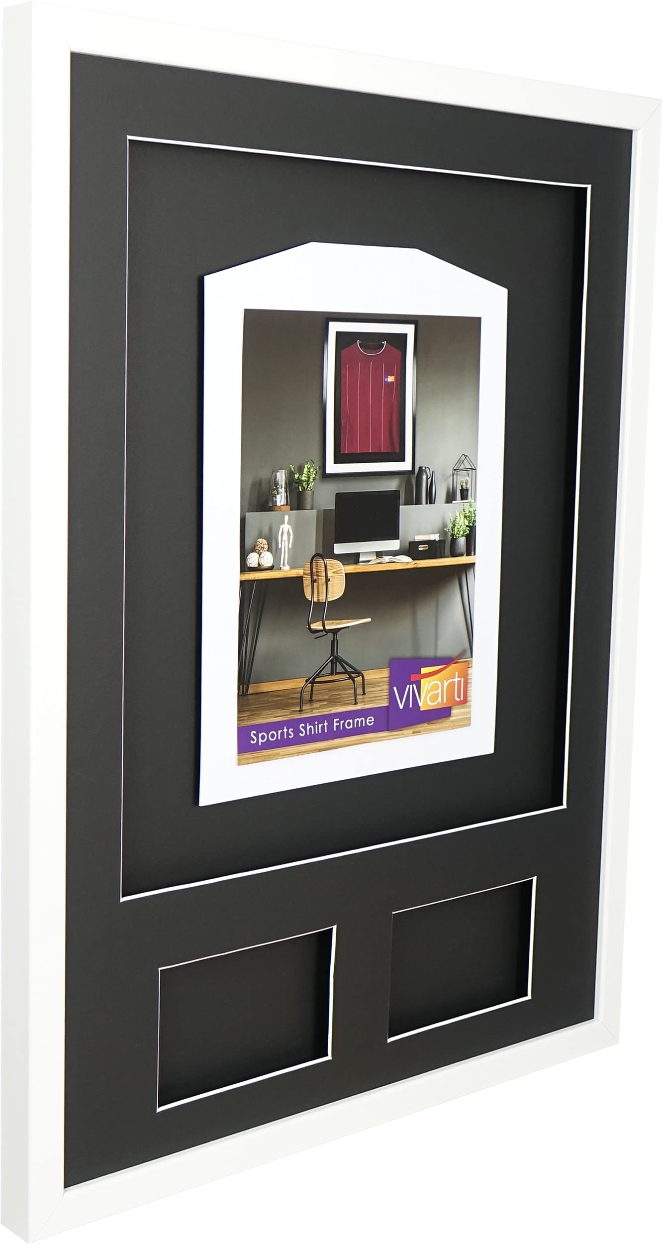 Vivarti DIY - Marco de visualización de camisa deportiva con doble apertura (50 x 70 cm), color blanco brillante, soporte negro, tarjeta de respaldo negra