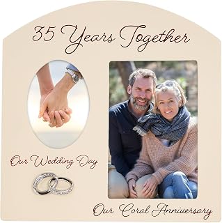 Haysom Interiors Contemporary 35 Years Together Then and Now Coral Anniversary Light Beige Frame with Double Silver Rings | Beautiful 35th Anniversary Picture Frame