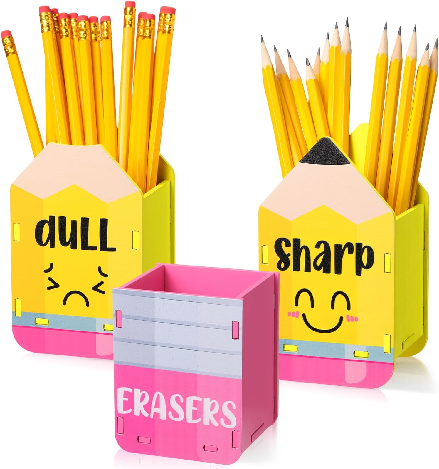3 Pcs Sharp and Dull Pencil Holder Eraser Buckets Wooden Shaped Dispenser for Back to School Teachers Classroom Management(Face Pattern)