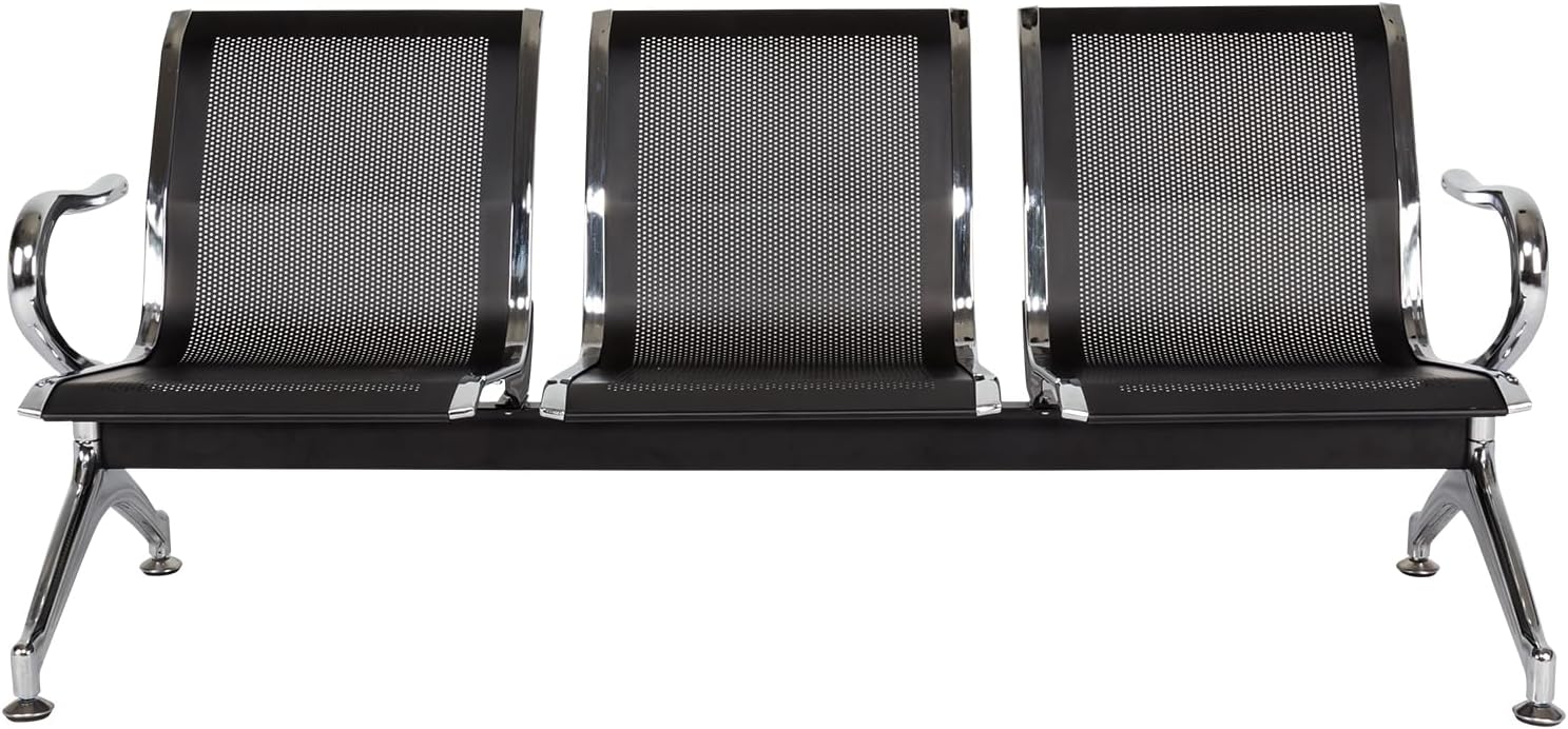 Modern Black 3-SEAT Airport, Hospital, Office Waiting Room Chairs - Reception Chairs with Arms, Steel Frame, Stainless Steel Finish, Ergonomic Armrests, 260 lbs Capacity Each