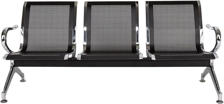 Modern Black 3-SEAT Airport, Hospital, Office Waiting Room Chairs - Reception Chairs with Arms, Steel Frame, Stainless Steel Finish, Ergonomic Armrests, 260 lbs Capacity Each