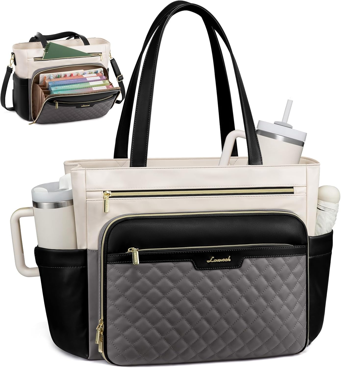 LOVEVOOK Teacher Tote Bag with Accordion File Pocket, Soft PU Leather Work Briefcase Quilted Laptop Bag with Large Cup Holder