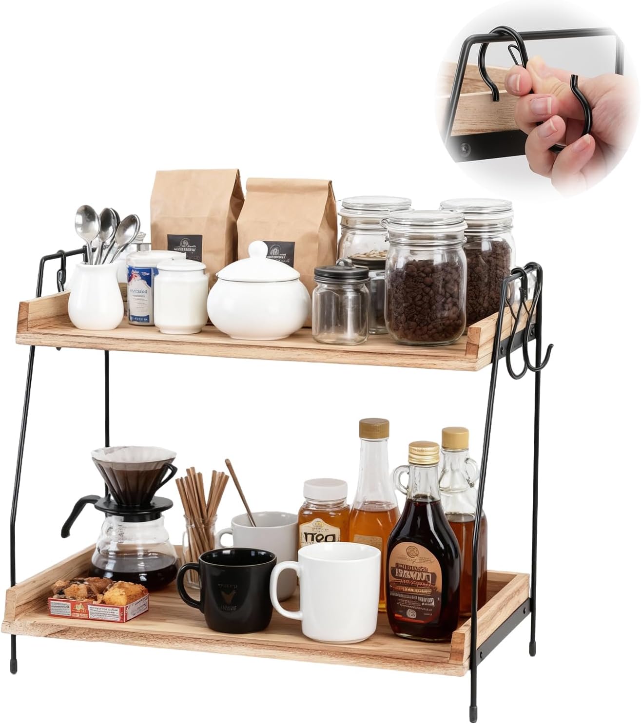 2 Tier Coffee Station Organizer,Coffee Bar Accessories with 4 Hook | Large Capacity Shelf Stores Plenty of Cups. Suitable for Storage and Display for Coffee Stations Kitchens Bathrooms Office