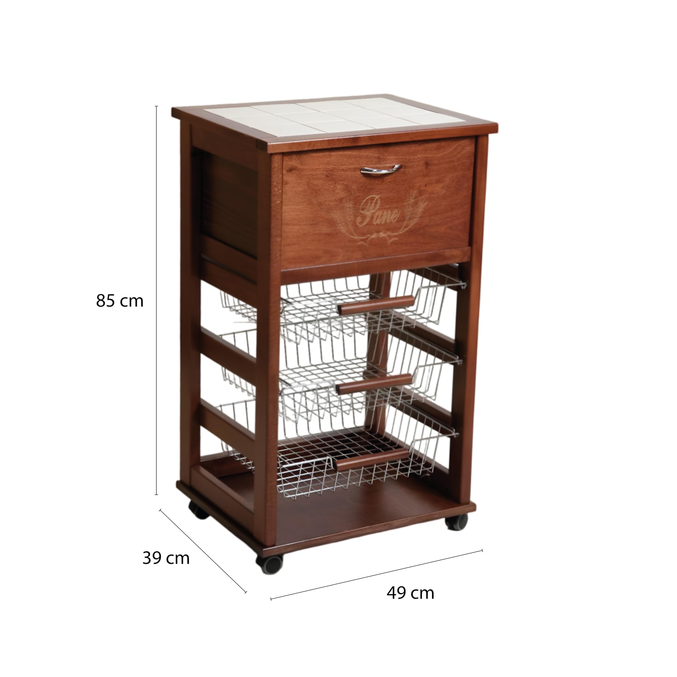 MA MAISON Carrello Salvaspazio in Legno dimensioni 85x49x39 cm - da Cucina, Piano d'appoggio Multiuso, 3 Cestini Contenitori, 1 Cassetto, Portapane, Portafrutta, 4 Ruote - Made in Italy (Noce)