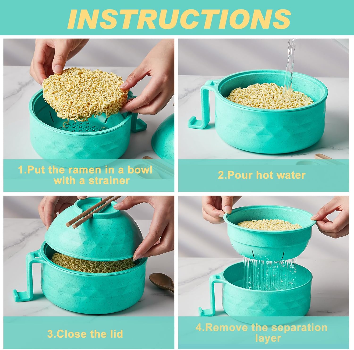 2 Sets Microwave Ramen Bowl 40 oz Wheat Fiber Portable Instant Noodle Cooker Bowl with Handles Strainer Spoon Chopstick Fork College Dorm Room Apartment Essentials(Blue Sky,Mint Green)