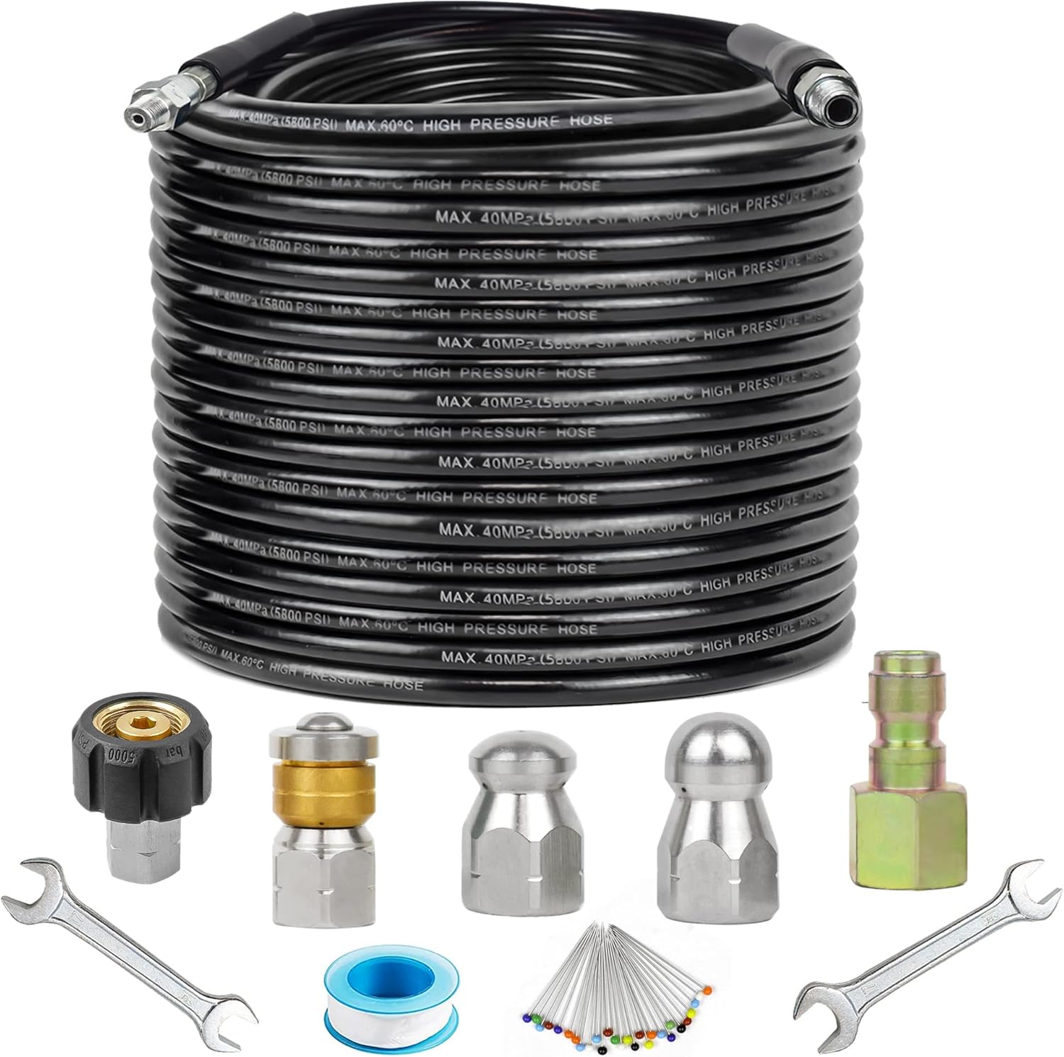 Sewer Jetter Kit for Pressure Washer,Sewer Jetter Nozzles Kit,Drain Cleaning Hose,Pearl Corsage Pin 5800PSI,Rotating and Button Nose Sewer Jetting Nozzle,1/4 Inch NPT (150FT/45M)