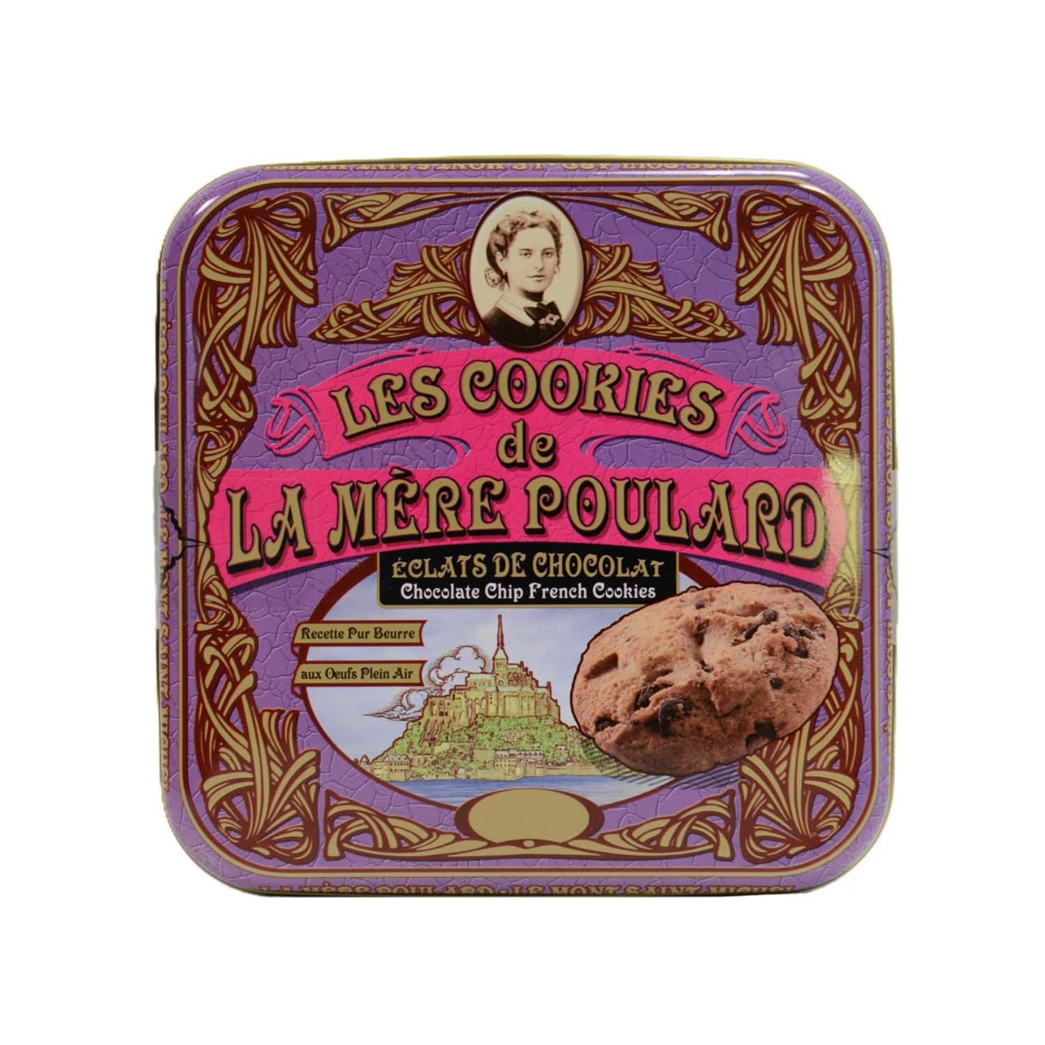 La Mère Poulard® | Biscotti Burro Salato Cioccolato | Lattina Biscotti Francesi Burro | Frollini Burro Scaglie Cioccolato - 400 Gr | Latta Regalo Biscotti Decori Viola